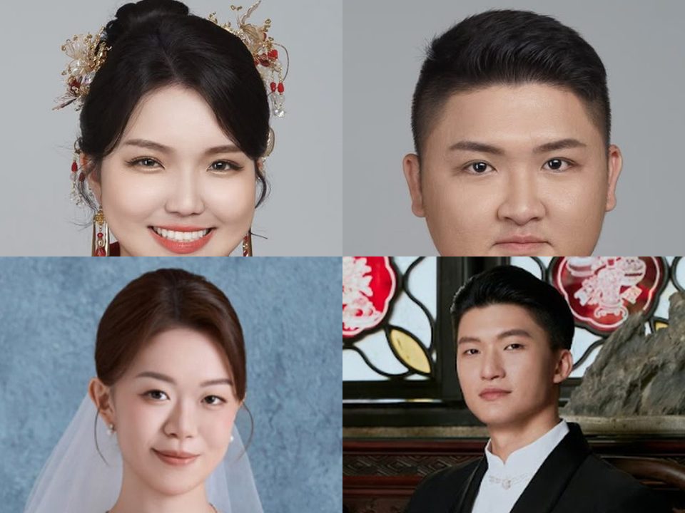Four reference portraits: a bride and groom in red Chinese wedding outfits, a bride in a white lace gown and a groom in a black tuxedo with a mandarin-collar shirt
