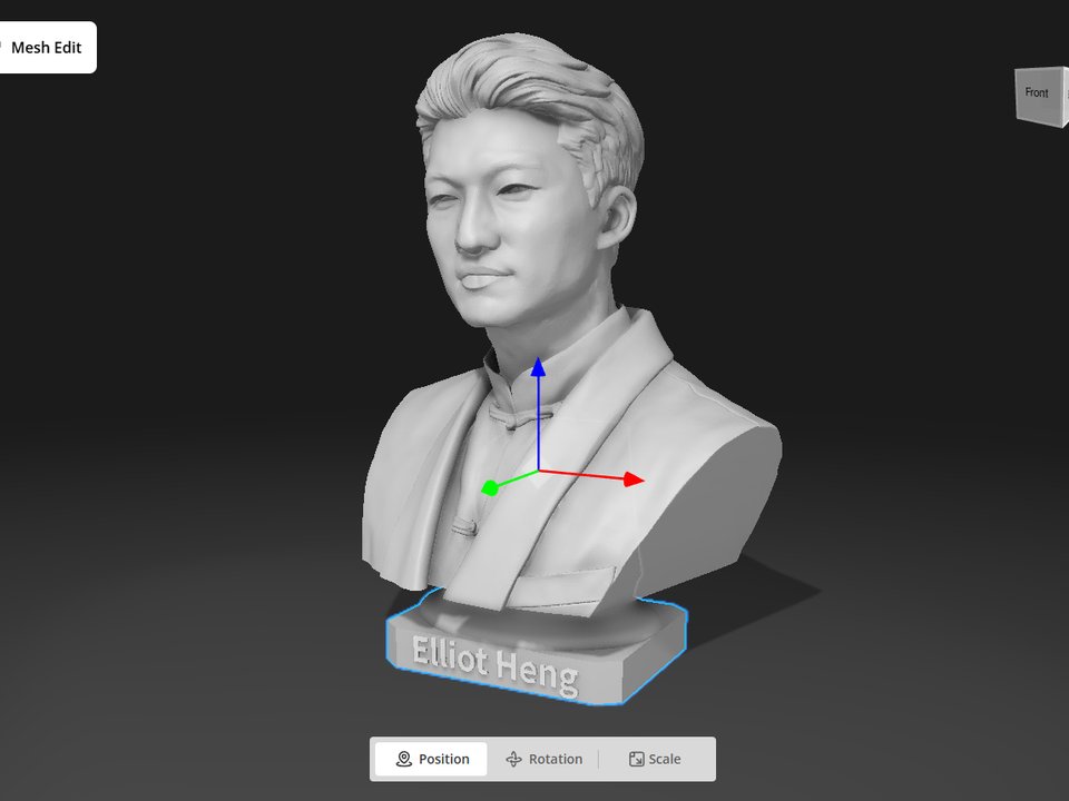 Generated 3D bust of a man in a mandarin-collar jacket in the editor, with Elliot Heng on the base